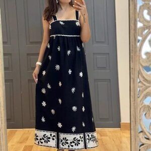 ZARA WOMAN cotton BLACK / ECRU PRINTED MIDI DRESS with flowers 1165/092 NWT